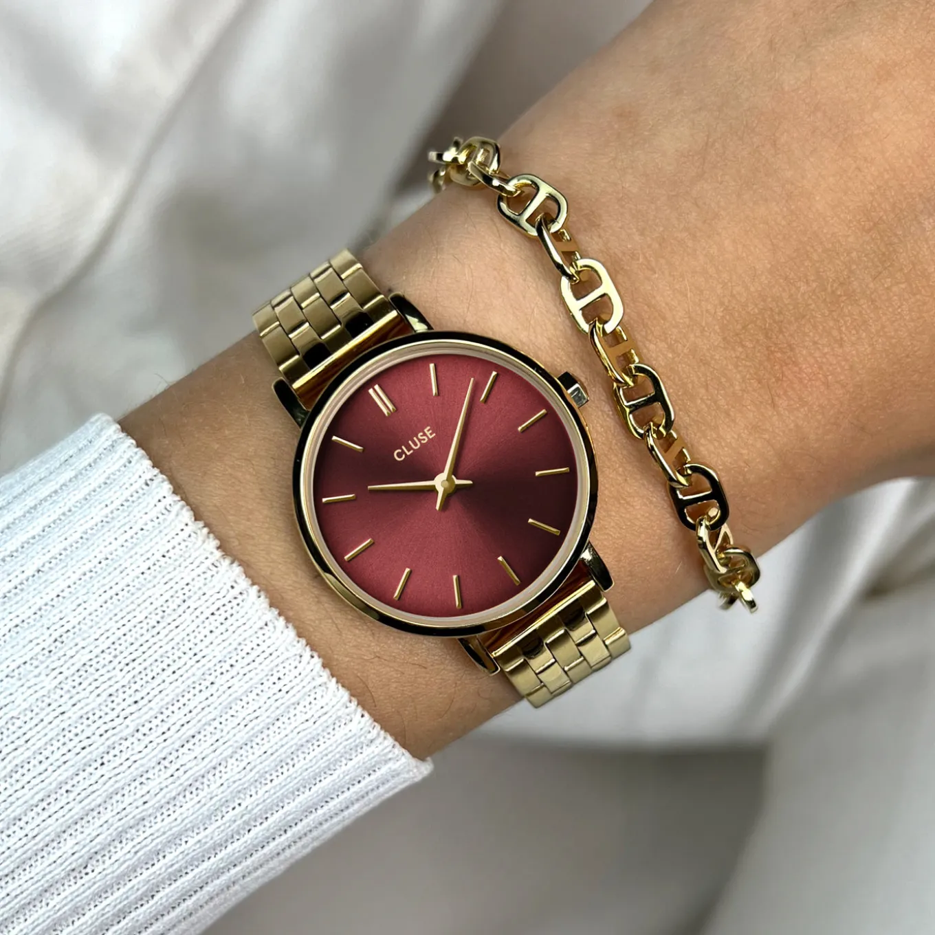 New Boho Chic Petite Steel Watch, Dark Cherry, Gold Colour Damen Uhren Gold | Boho Chic Petite