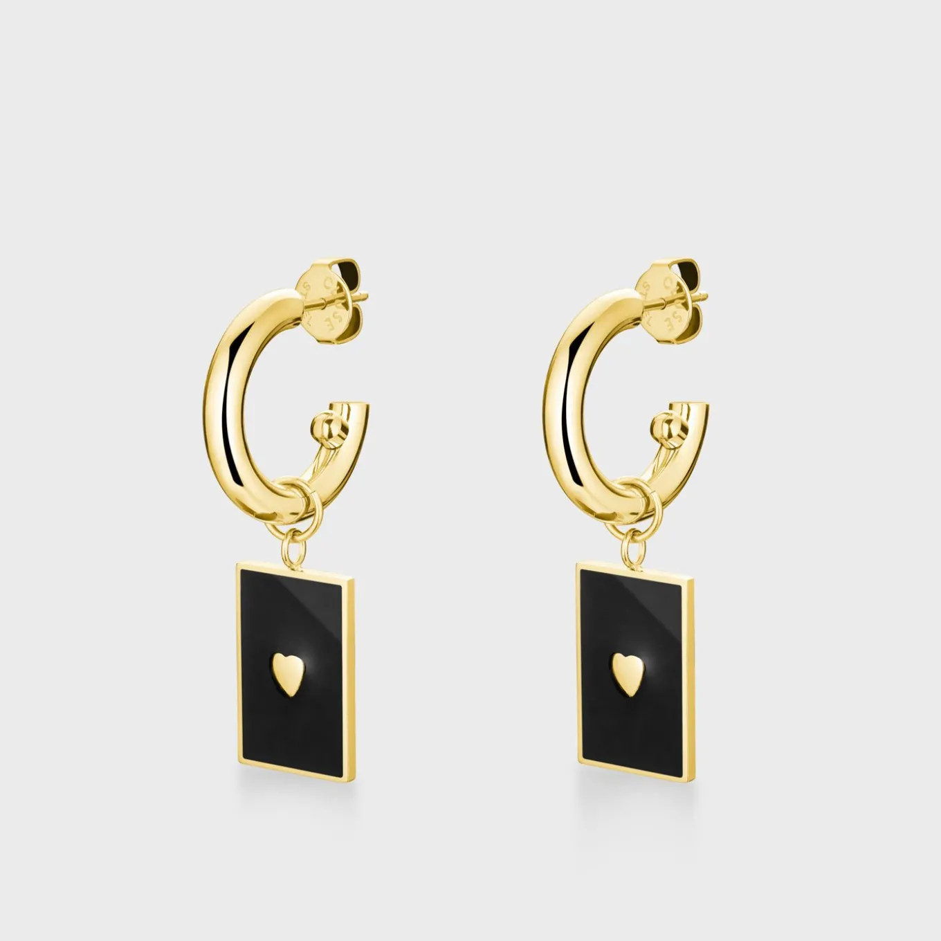 Fashion Essentielle Black Rectangular Charm Hoop Earrings, Gold Colour Ohrringe