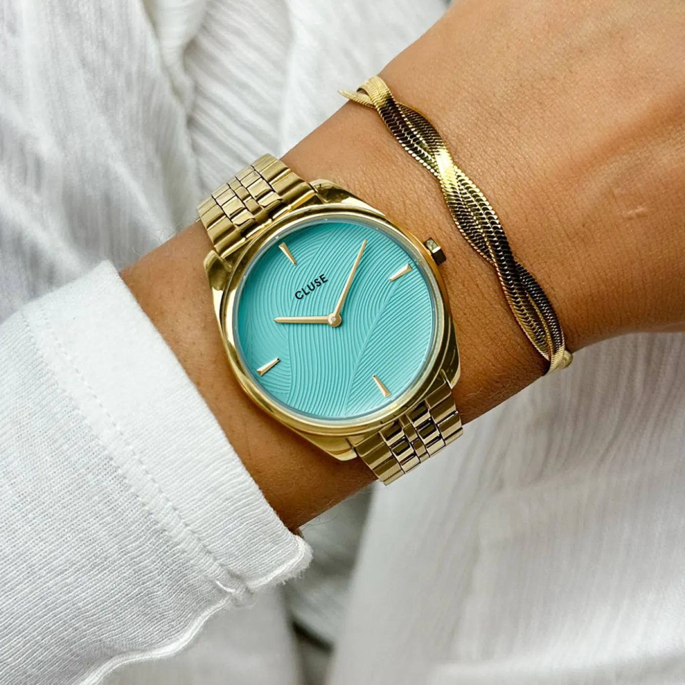 Best Féroce Petite Watch Steel, Leaf Texture Pool Blue, Gold Colour Damen Uhren Gold | Féroce Petite