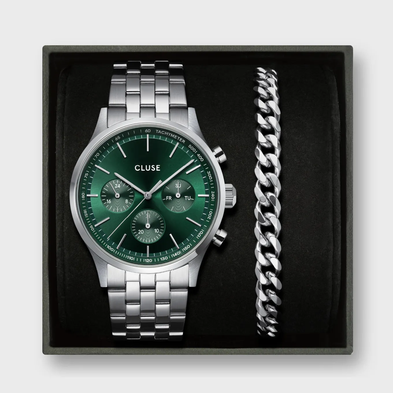 Online Gift Box Anthéor Multifunction Steel Watch Green & Cuban Chain Bracelet Herren Uhren Silber | Anthéor