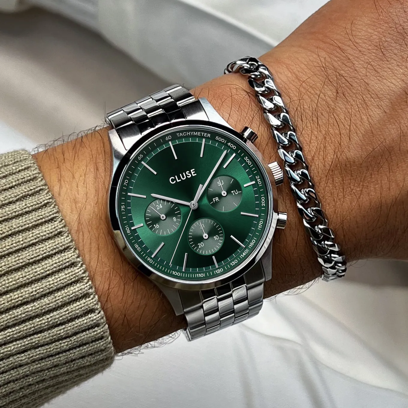 Online Gift Box Anthéor Multifunction Steel Watch Green & Cuban Chain Bracelet Herren Uhren Silber | Anthéor