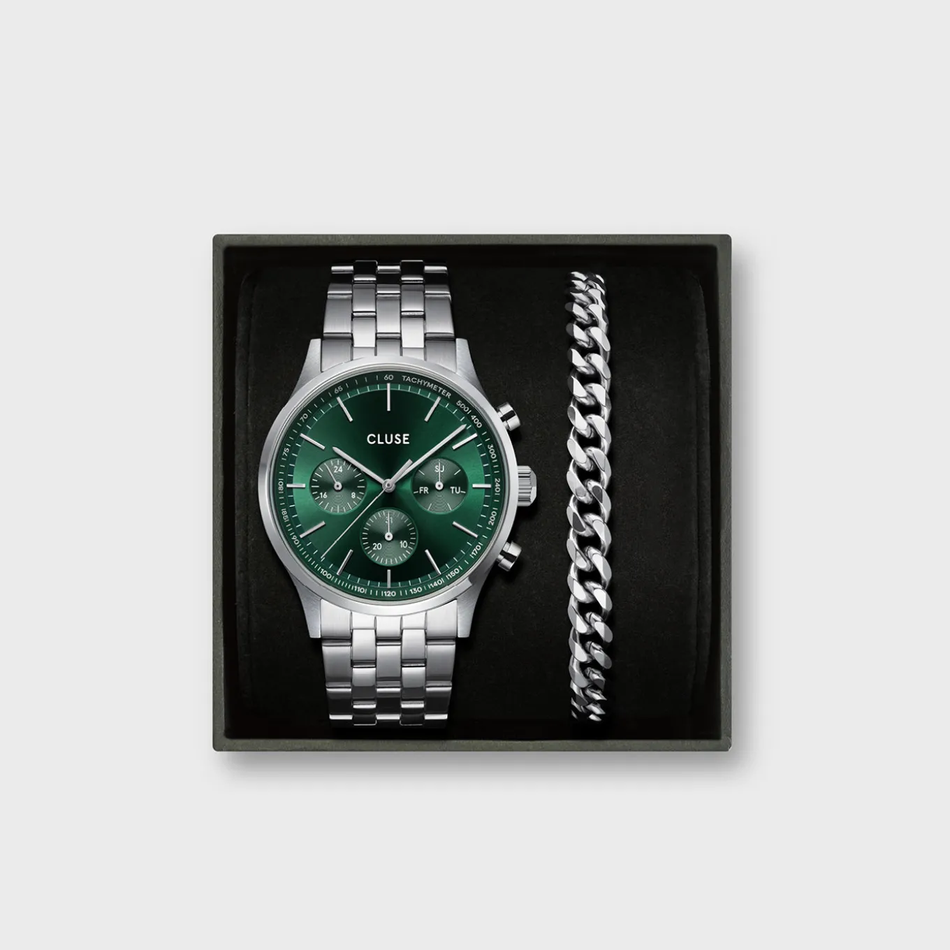 Online Gift Box Anthéor Multifunction Steel Watch Green & Cuban Chain Bracelet Herren Uhren Silber | Anthéor