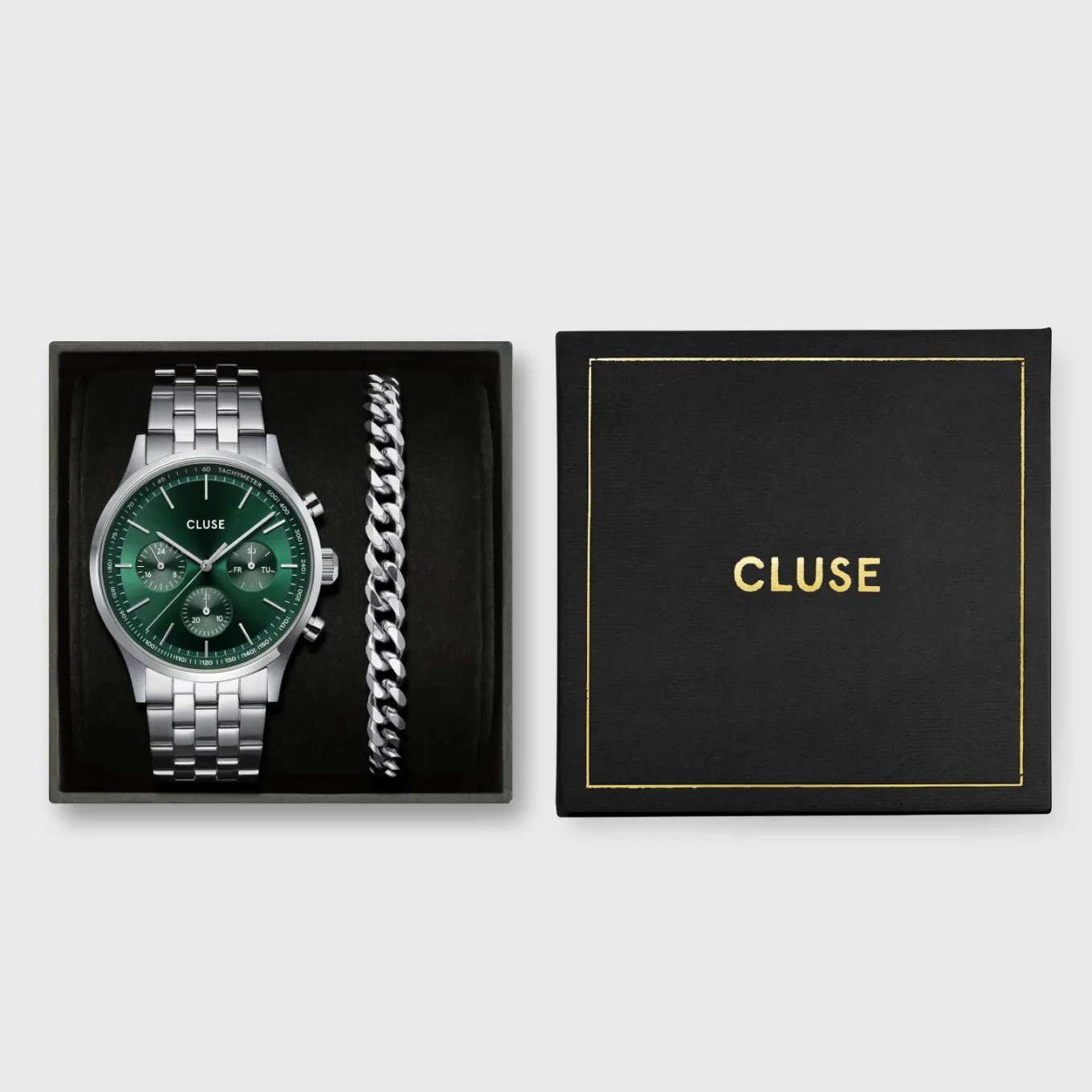 Online Gift Box Anthéor Multifunction Steel Watch Green & Cuban Chain Bracelet Herren Uhren Silber | Anthéor