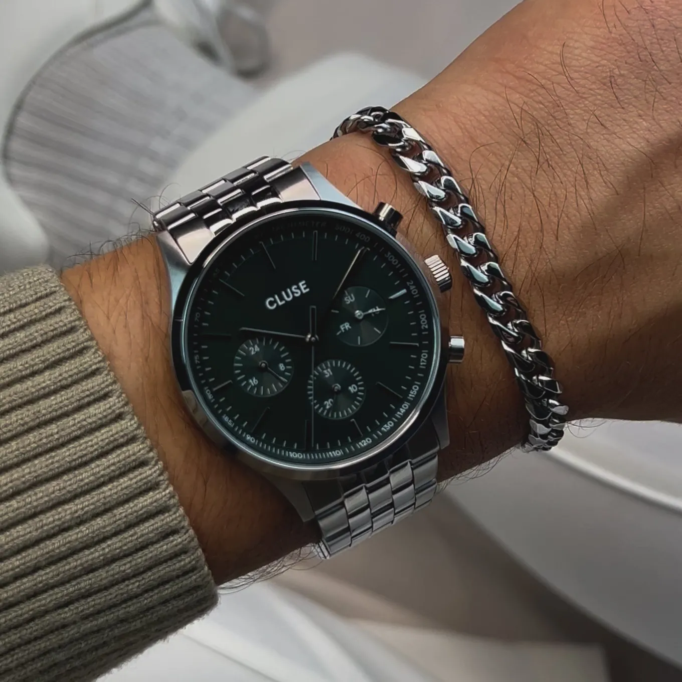 Online Gift Box Anthéor Multifunction Steel Watch Green & Cuban Chain Bracelet Herren Uhren Silber | Anthéor