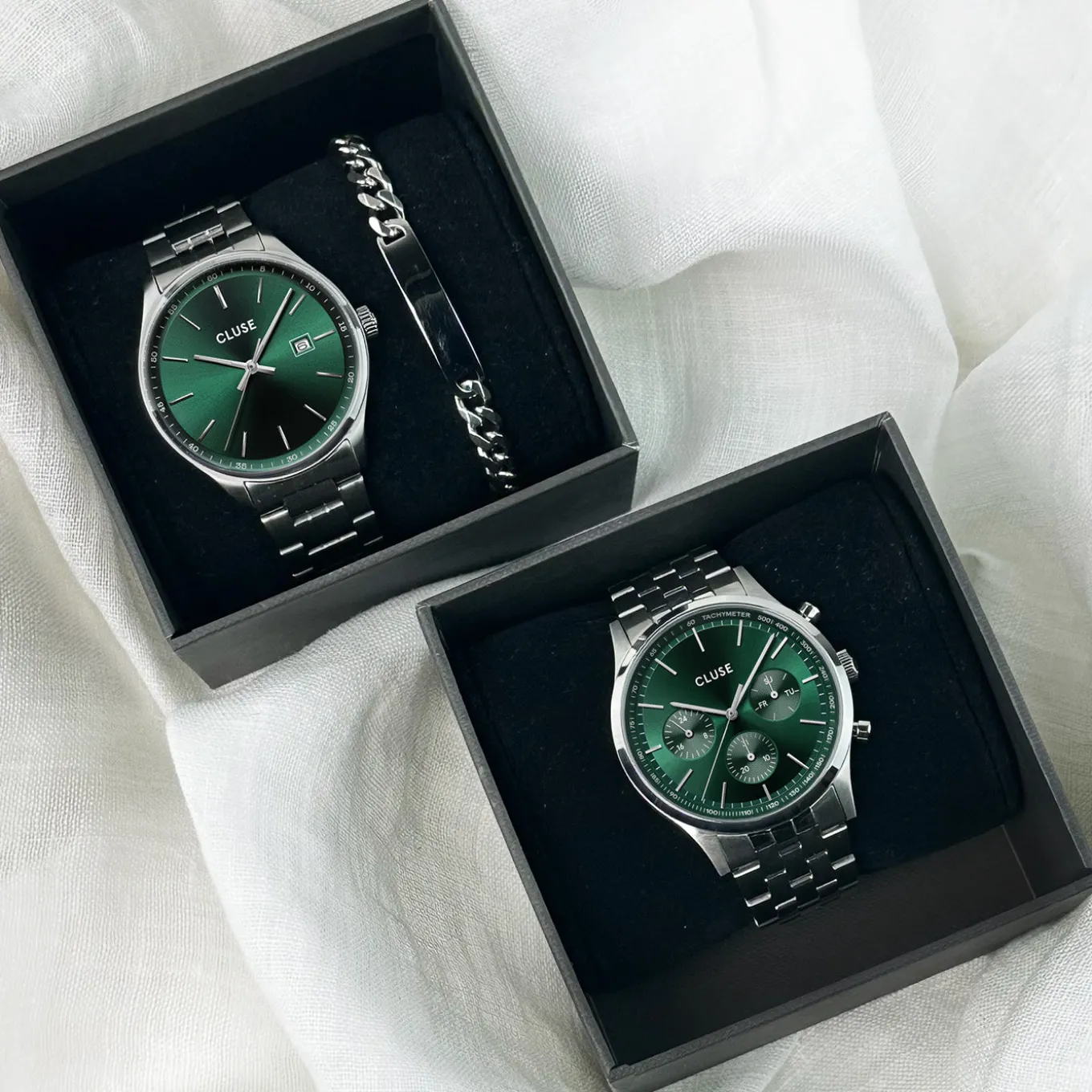 Sale Gift Box Anthéor Steel Watch Green and Silver Chain Bracelet Herren Uhren Silber | Anthéor
