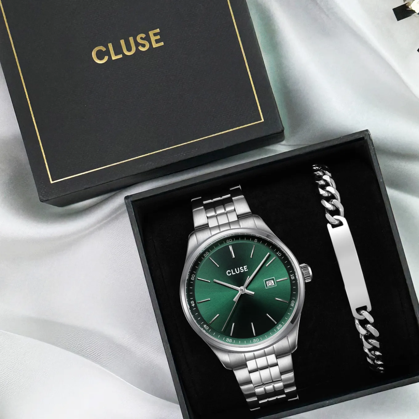 Sale Gift Box Anthéor Steel Watch Green and Silver Chain Bracelet Herren Uhren Silber | Anthéor