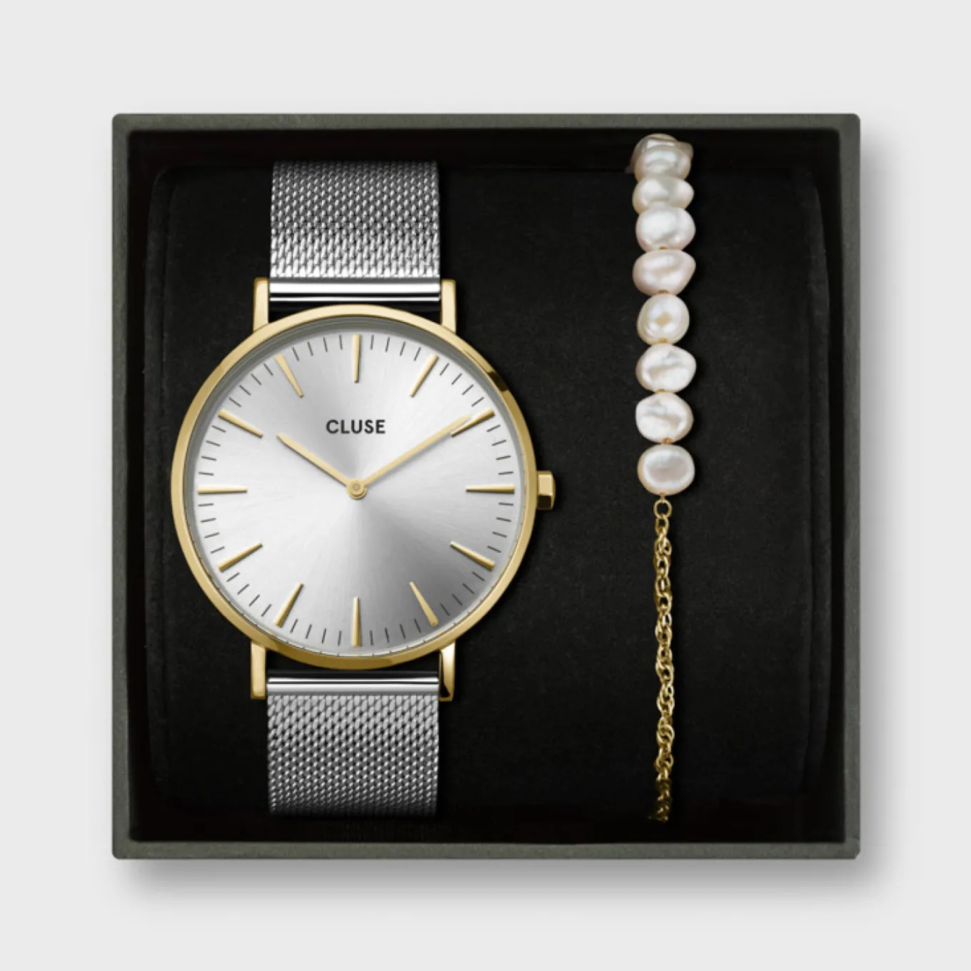Outlet Gift Box Boho Chic Watch Mesh Bicolour and Mixed Chain Pearl Bracelet Gold Colour Damen Boho Chic