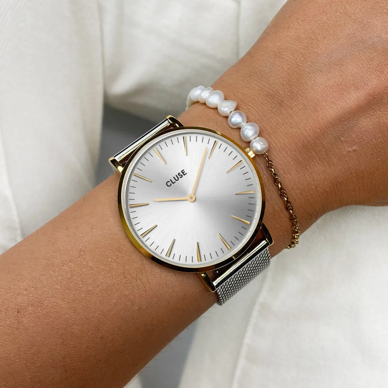 Outlet Gift Box Boho Chic Watch Mesh Bicolour and Mixed Chain Pearl Bracelet Gold Colour Damen Boho Chic