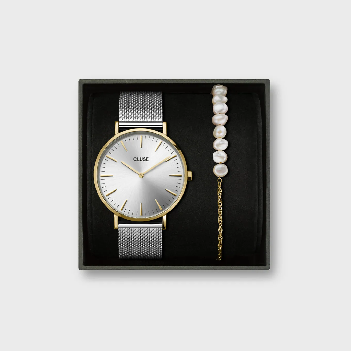 Outlet Gift Box Boho Chic Watch Mesh Bicolour and Mixed Chain Pearl Bracelet Gold Colour Damen Boho Chic