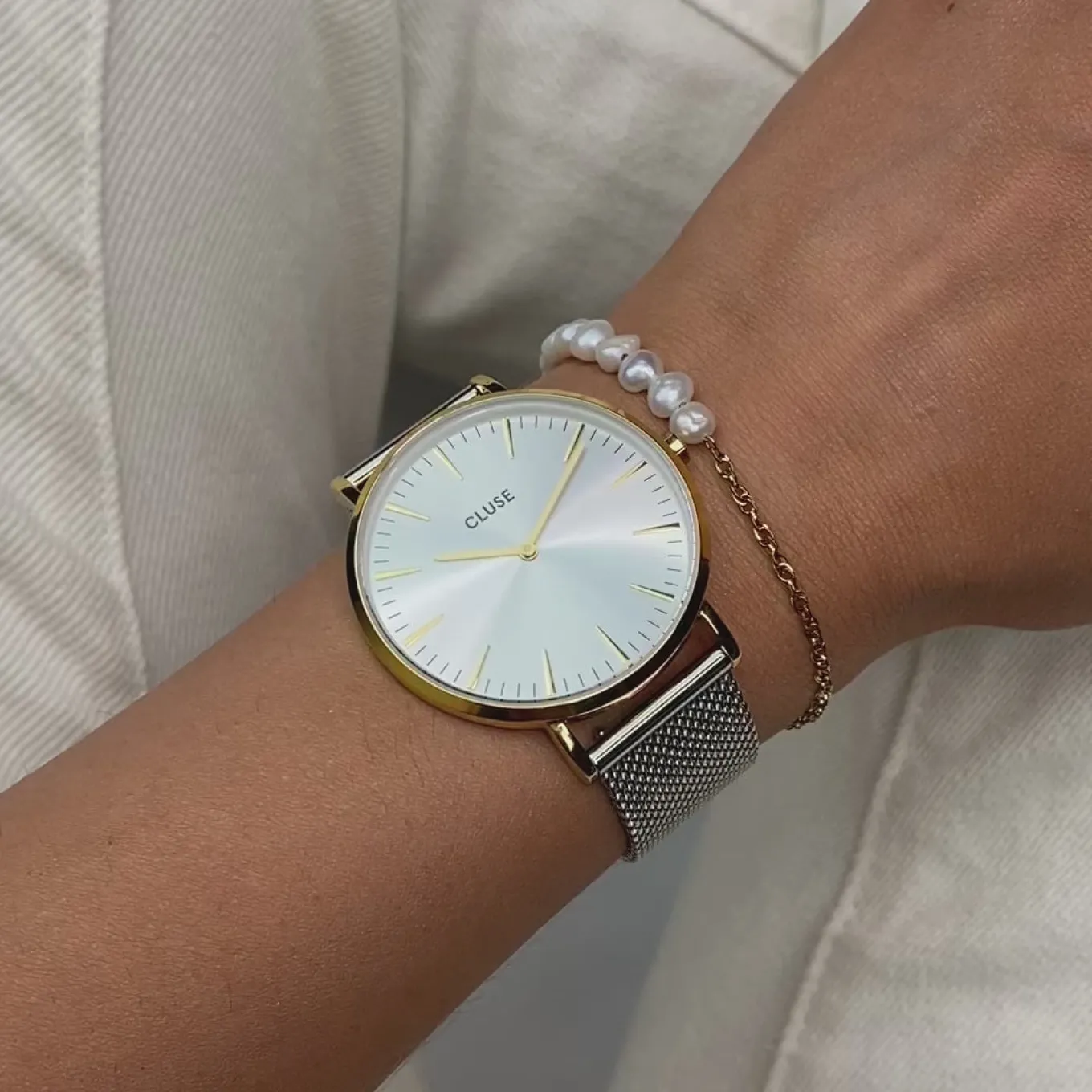 Outlet Gift Box Boho Chic Watch Mesh Bicolour and Mixed Chain Pearl Bracelet Gold Colour Damen Boho Chic