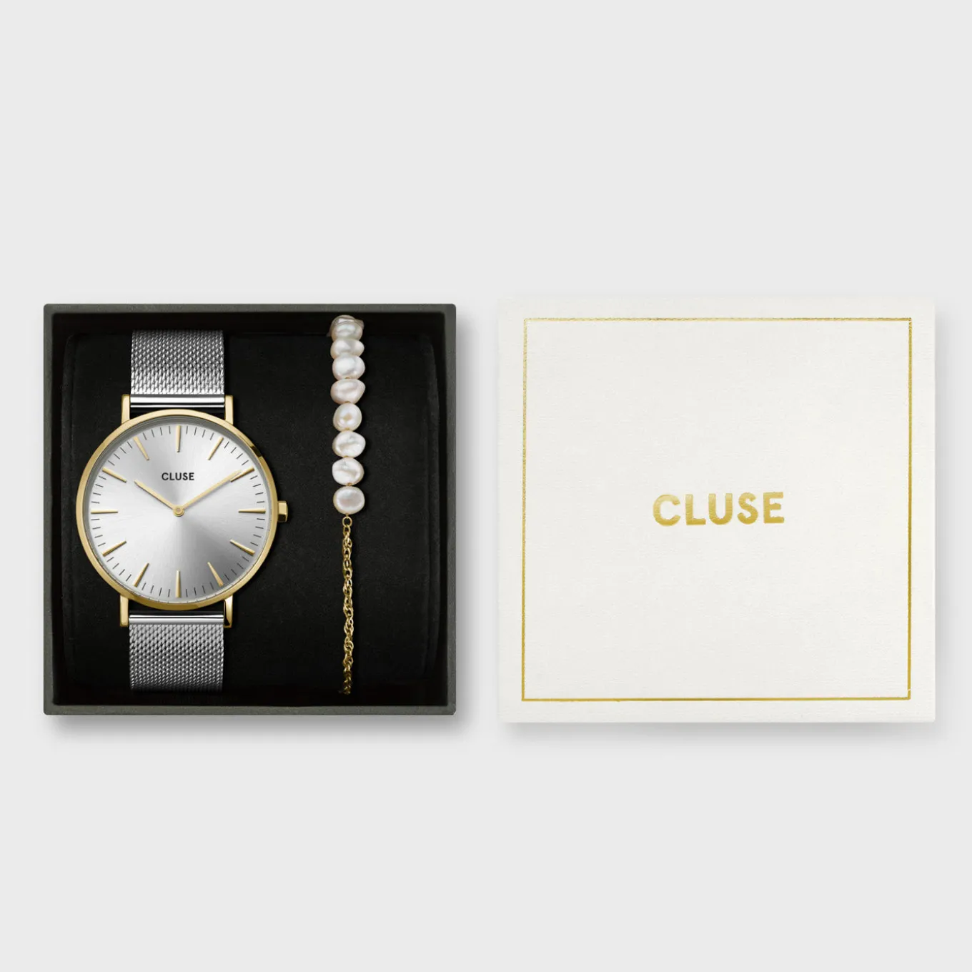 Outlet Gift Box Boho Chic Watch Mesh Bicolour and Mixed Chain Pearl Bracelet Gold Colour Damen Boho Chic