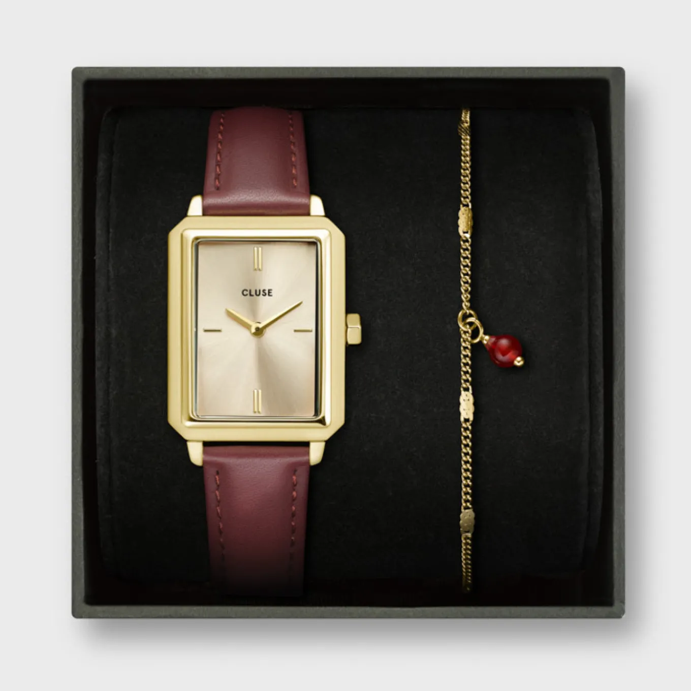 Cheap Gift Box Fluette Leather Watch and Chain Bracelet, Gold Colour Damen Fluette