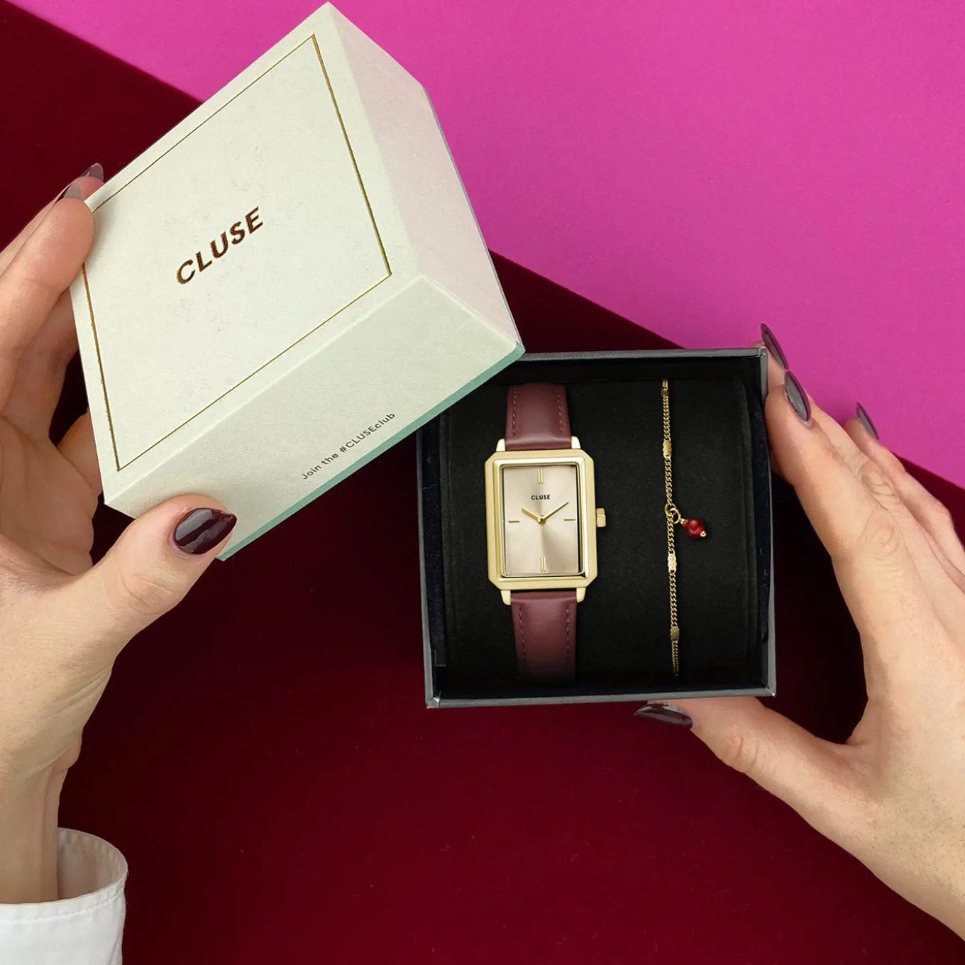 Cheap Gift Box Fluette Leather Watch and Chain Bracelet, Gold Colour Damen Fluette