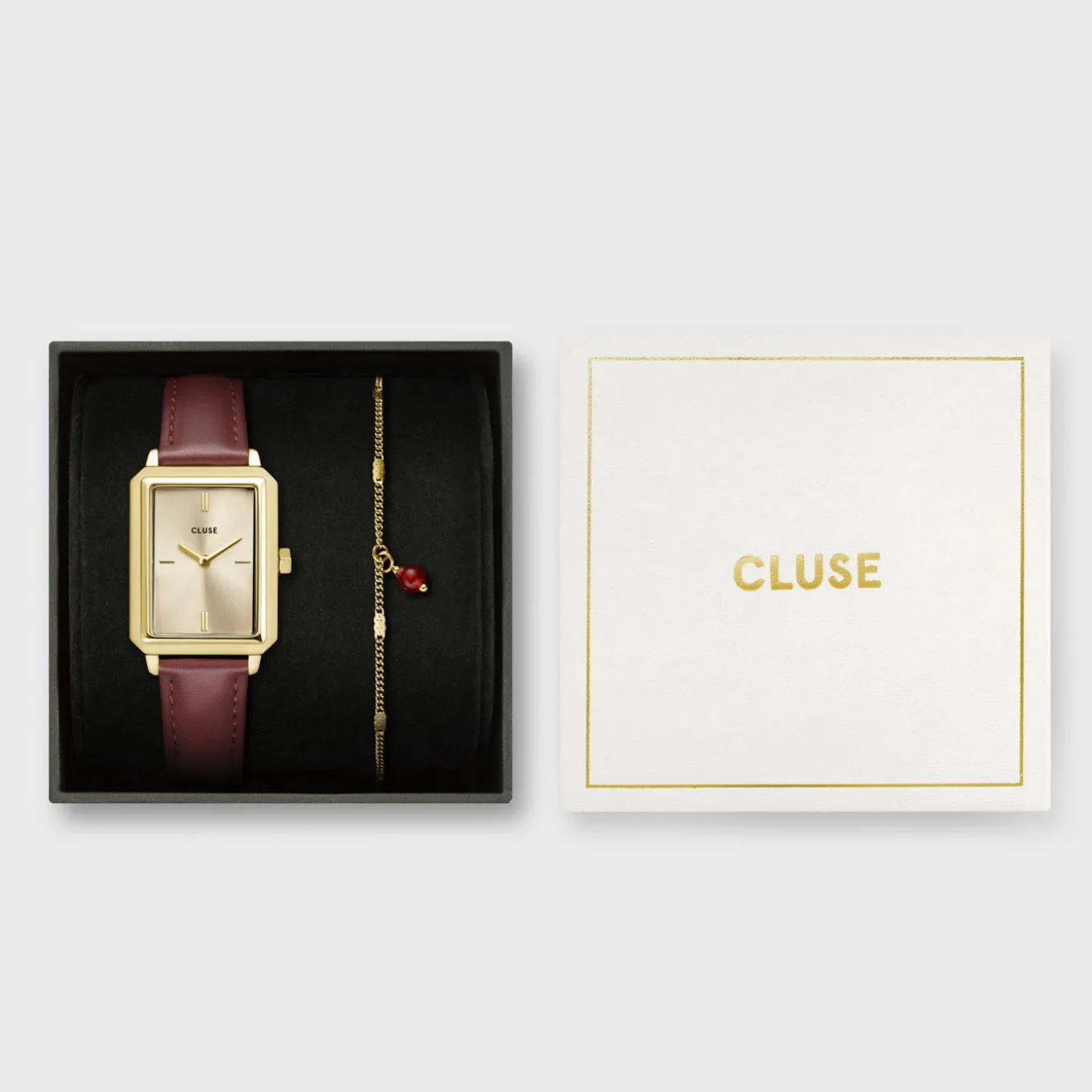 Cheap Gift Box Fluette Leather Watch and Chain Bracelet, Gold Colour Damen Fluette