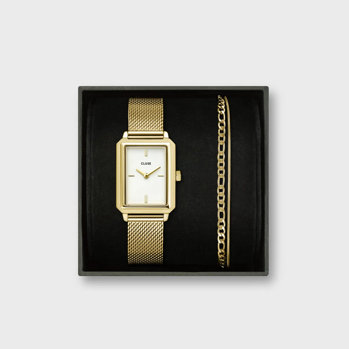 Shop Gift Box Fluette Mesh White Watch and Double Chain Bracelet, Gold Colour Damen Fluette