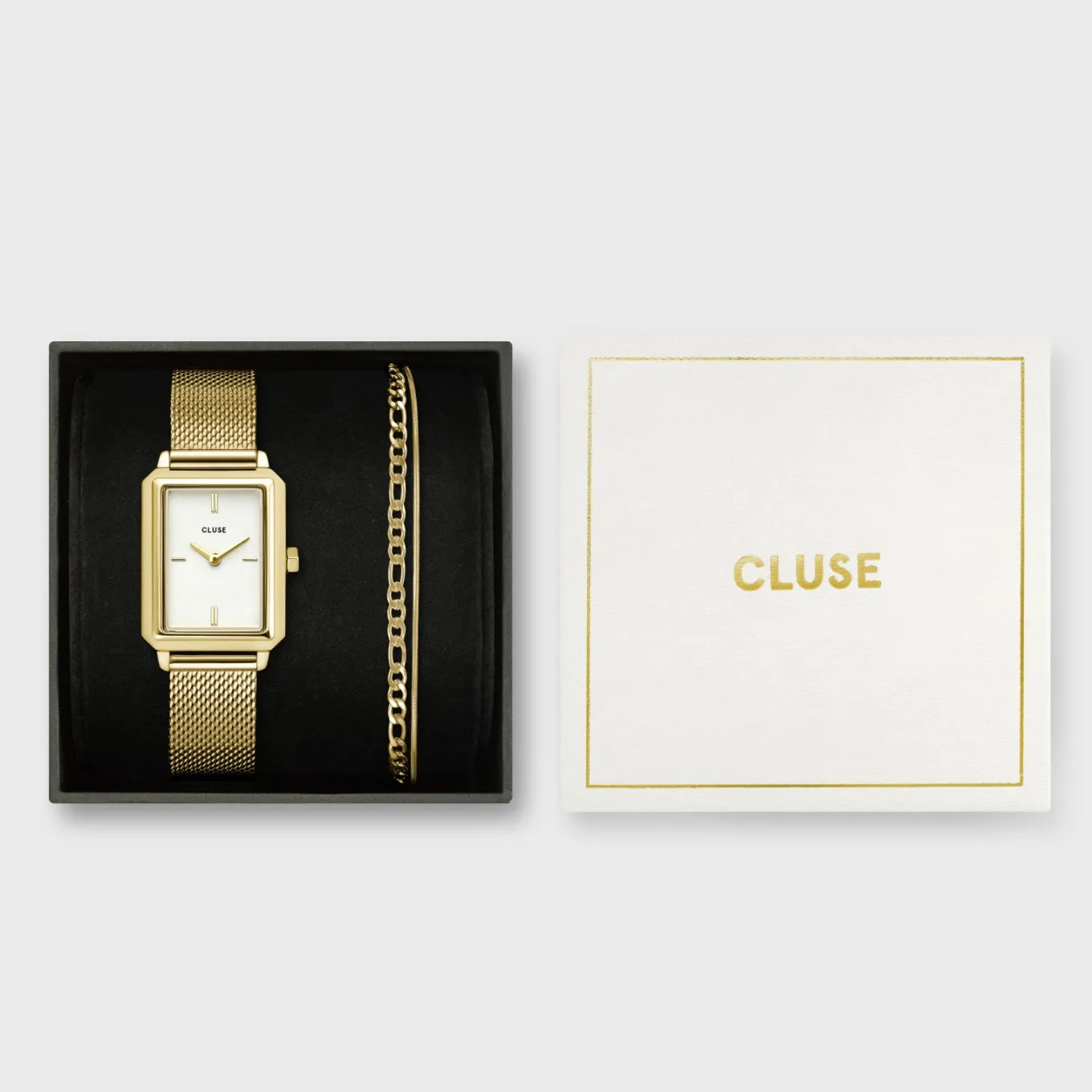 Shop Gift Box Fluette Mesh White Watch and Double Chain Bracelet, Gold Colour Damen Fluette