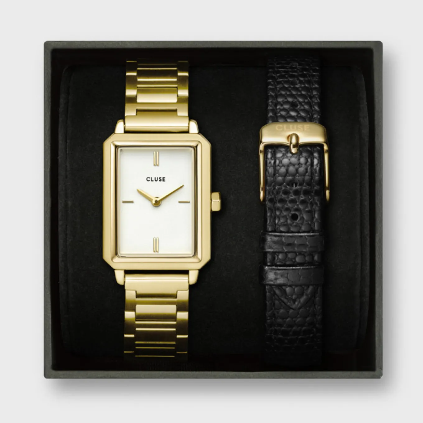 Discount Gift Box Fluette Steel Watch and Black Leather Lizard Strap, Gold Colour Damen Fluette