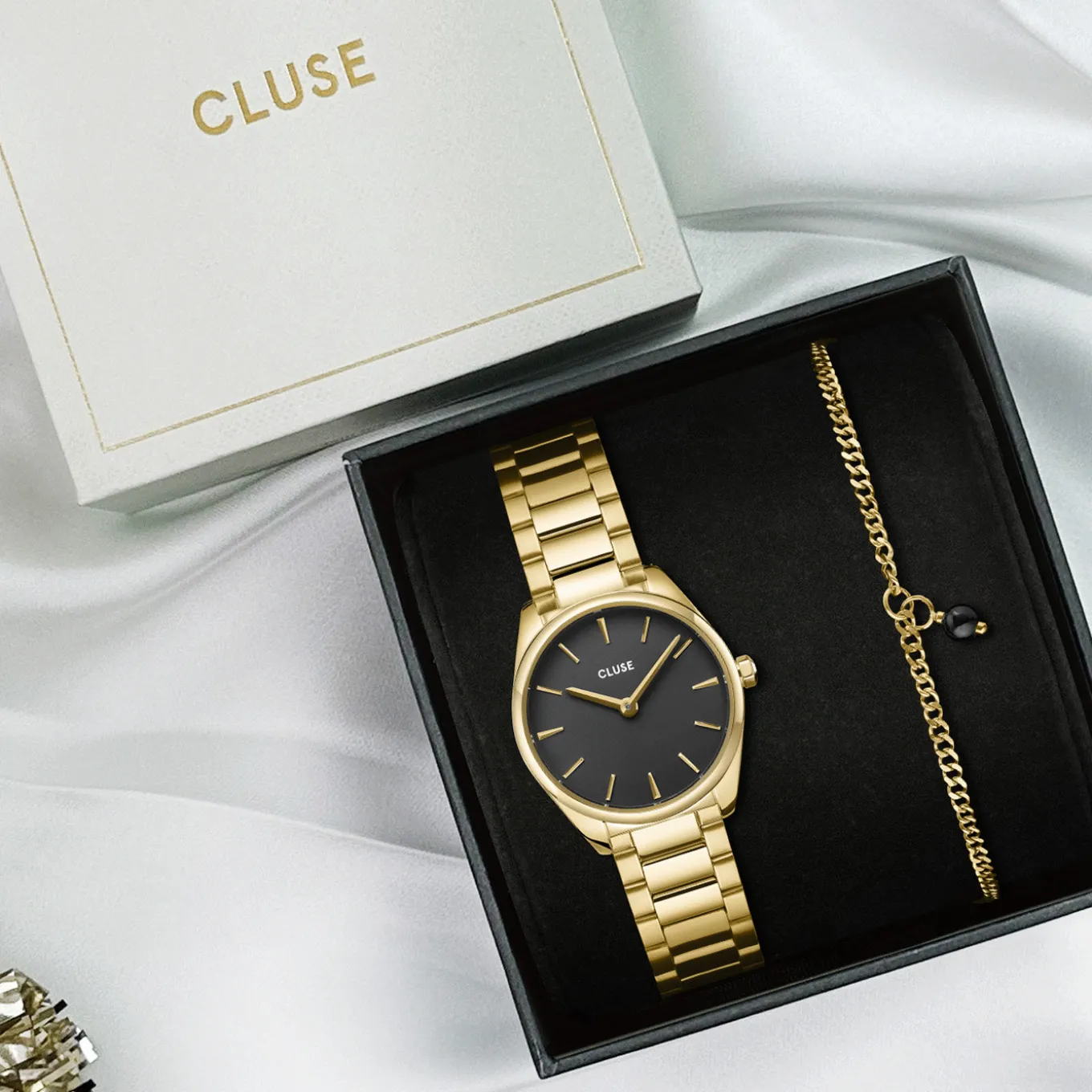 Hot Gift Box Féroce Mini Watch Black & Chain Bracelet, Gold Colour Damen Féroce Mini