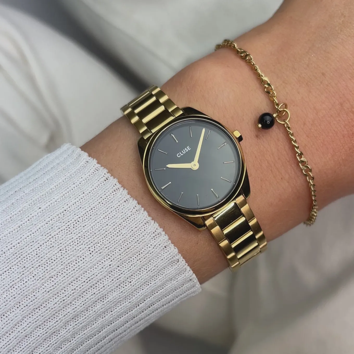 Hot Gift Box Féroce Mini Watch Black & Chain Bracelet, Gold Colour Damen Féroce Mini