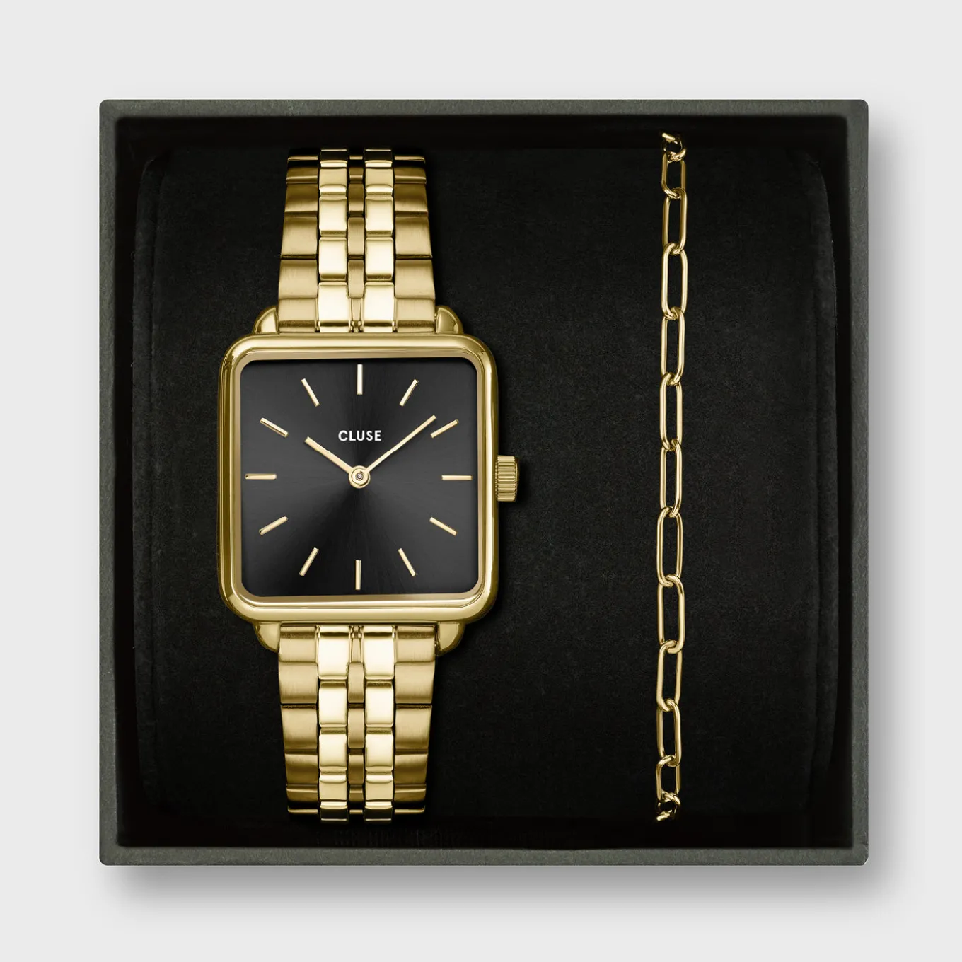 Clearance Gift Box La Tétragone Black Steel Watch & Paperclip Chain Bracelet, Gold Colour Damen La Tétragone