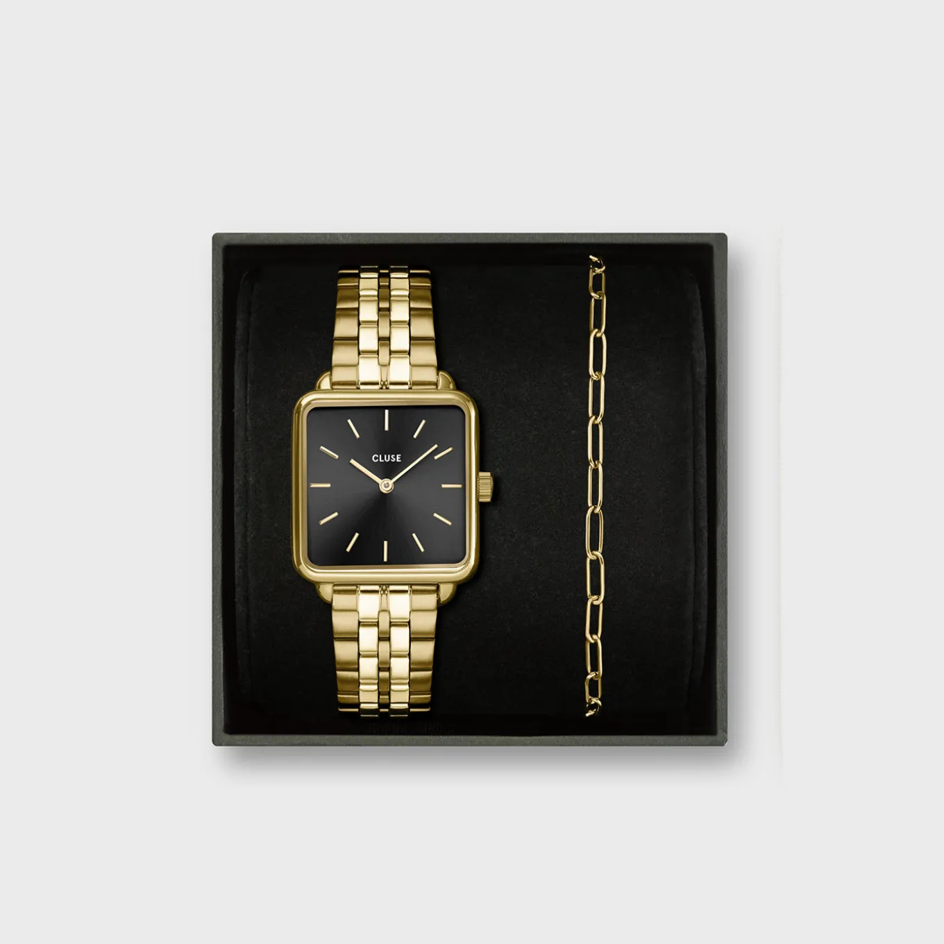 Clearance Gift Box La Tétragone Black Steel Watch & Paperclip Chain Bracelet, Gold Colour Damen La Tétragone
