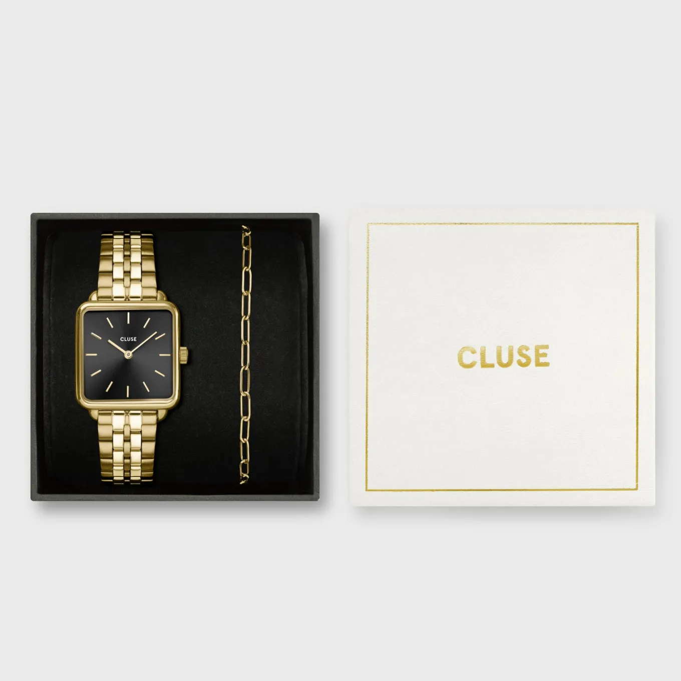 Clearance Gift Box La Tétragone Black Steel Watch & Paperclip Chain Bracelet, Gold Colour Damen La Tétragone