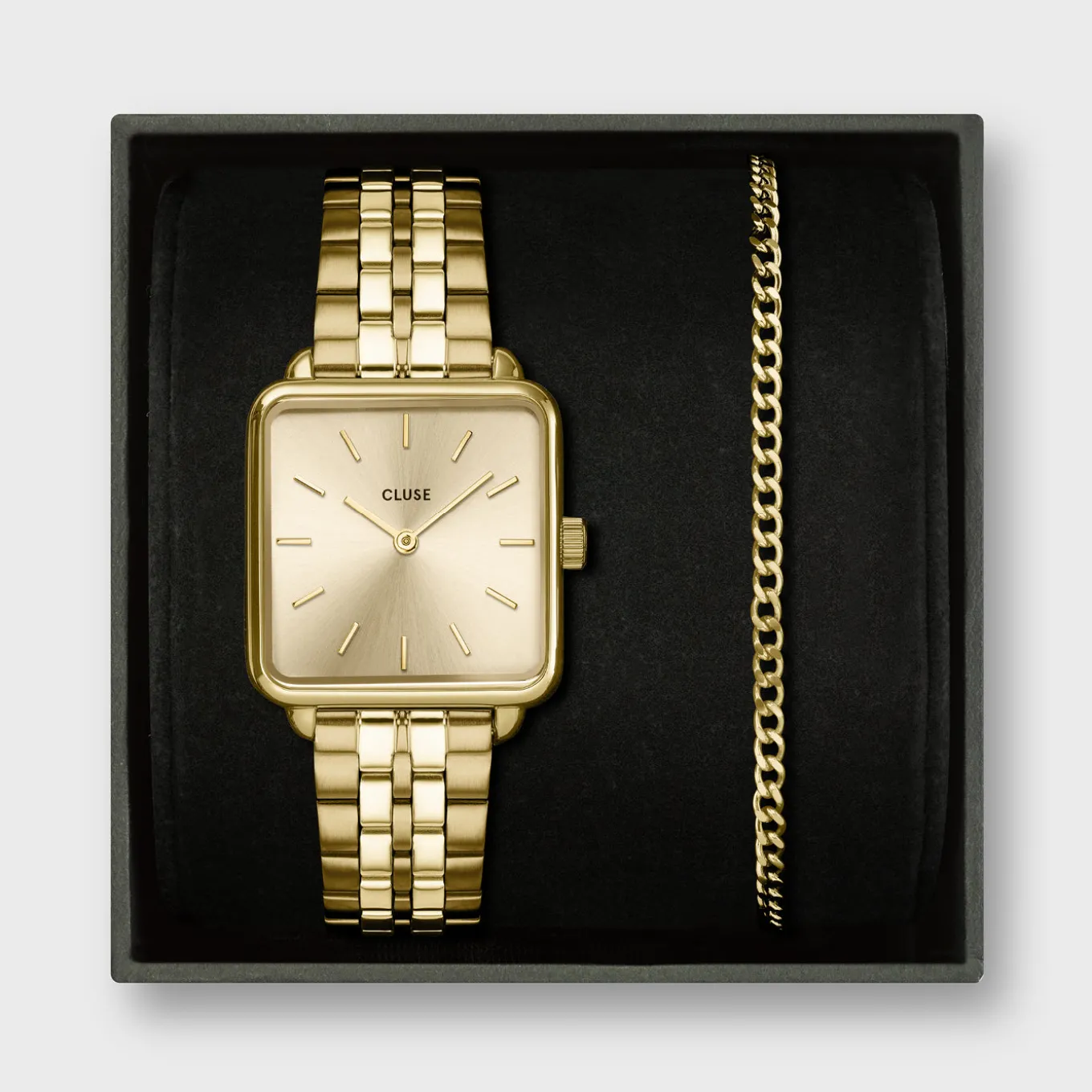 Hot Gift Box La Tétragone Full Gold Steel Watch & Curb Chain Bracelet, Gold Colour Damen La Tétragone