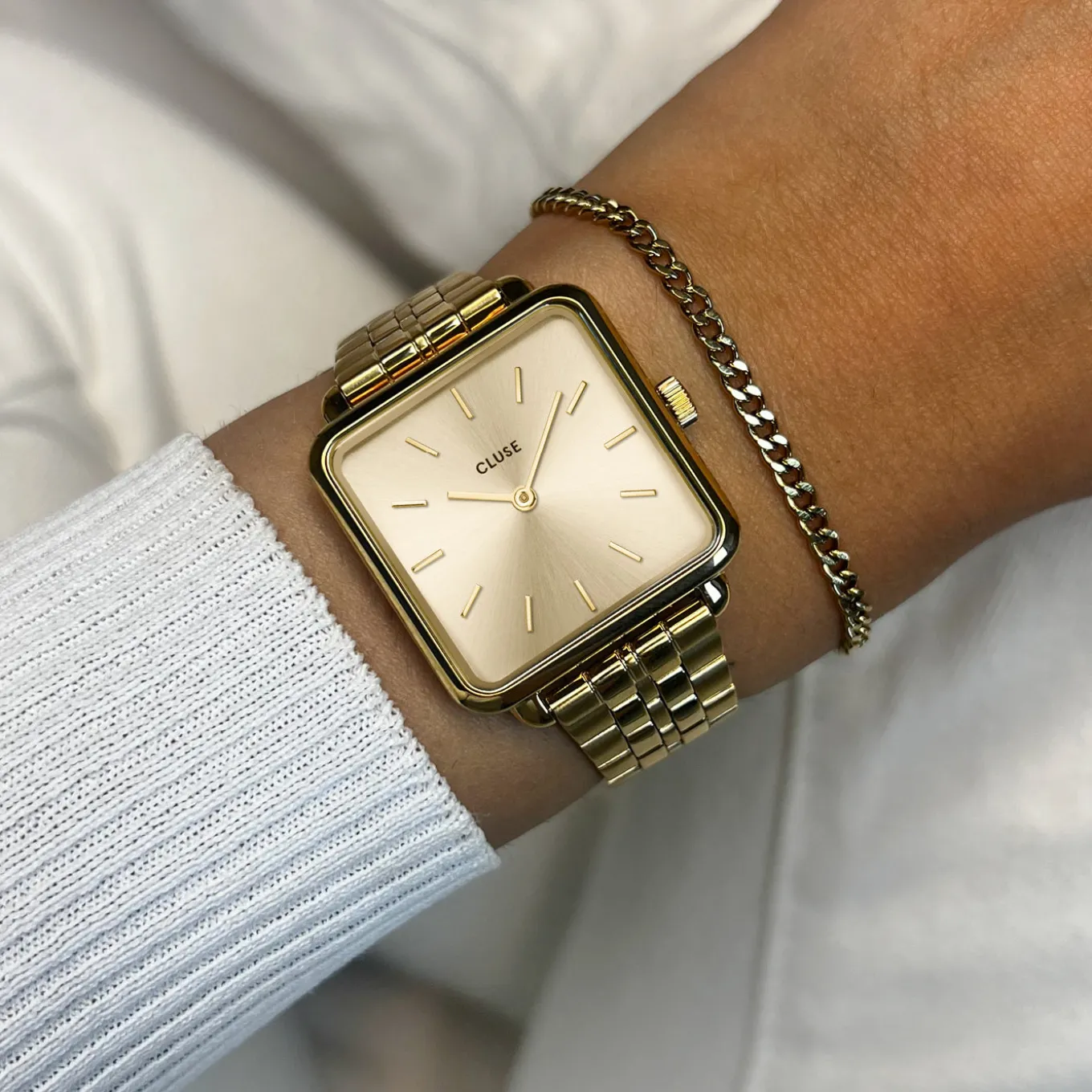 Hot Gift Box La Tétragone Full Gold Steel Watch & Curb Chain Bracelet, Gold Colour Damen La Tétragone