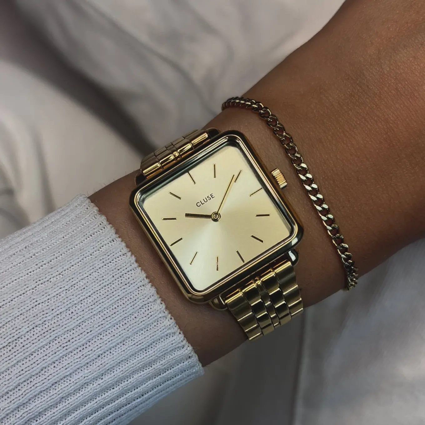 Hot Gift Box La Tétragone Full Gold Steel Watch & Curb Chain Bracelet, Gold Colour Damen La Tétragone