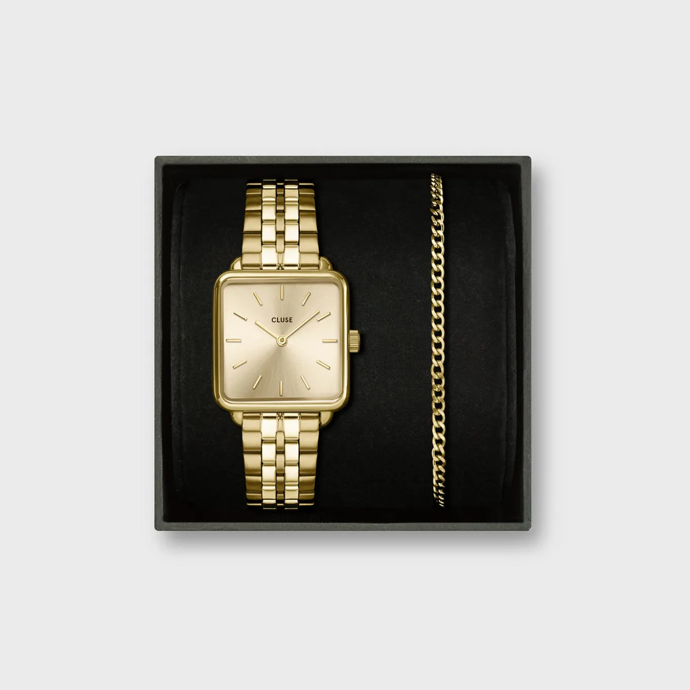 Hot Gift Box La Tétragone Full Gold Steel Watch & Curb Chain Bracelet, Gold Colour Damen La Tétragone