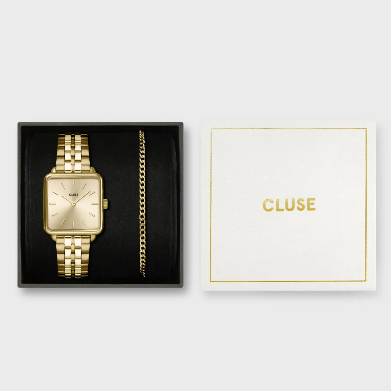 Hot Gift Box La Tétragone Full Gold Steel Watch & Curb Chain Bracelet, Gold Colour Damen La Tétragone