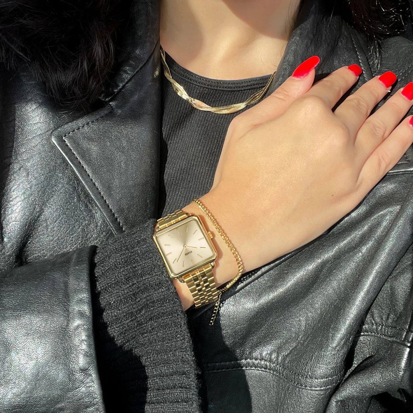 Hot Gift Box La Tétragone Full Gold Steel Watch & Curb Chain Bracelet, Gold Colour Damen La Tétragone