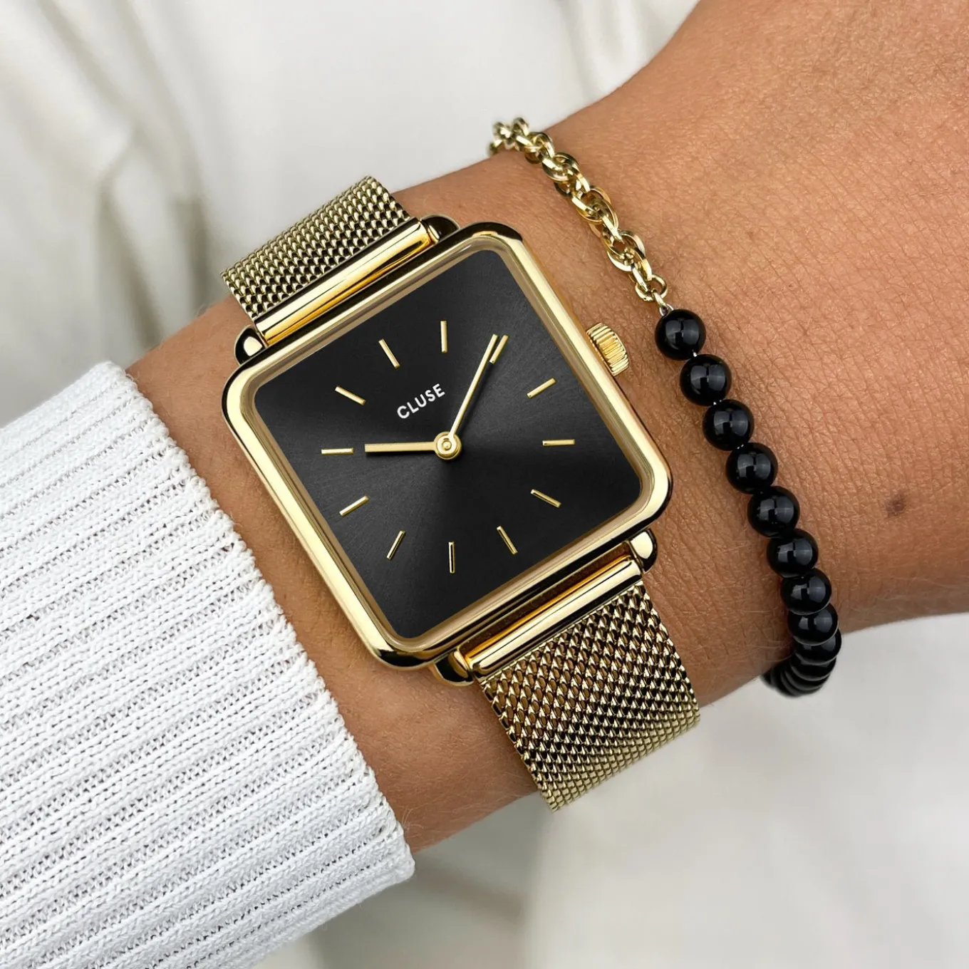 New Gift Box La Tétragone Mesh Watch & Beads Bracelet, Gold Colour Damen La Tétragone