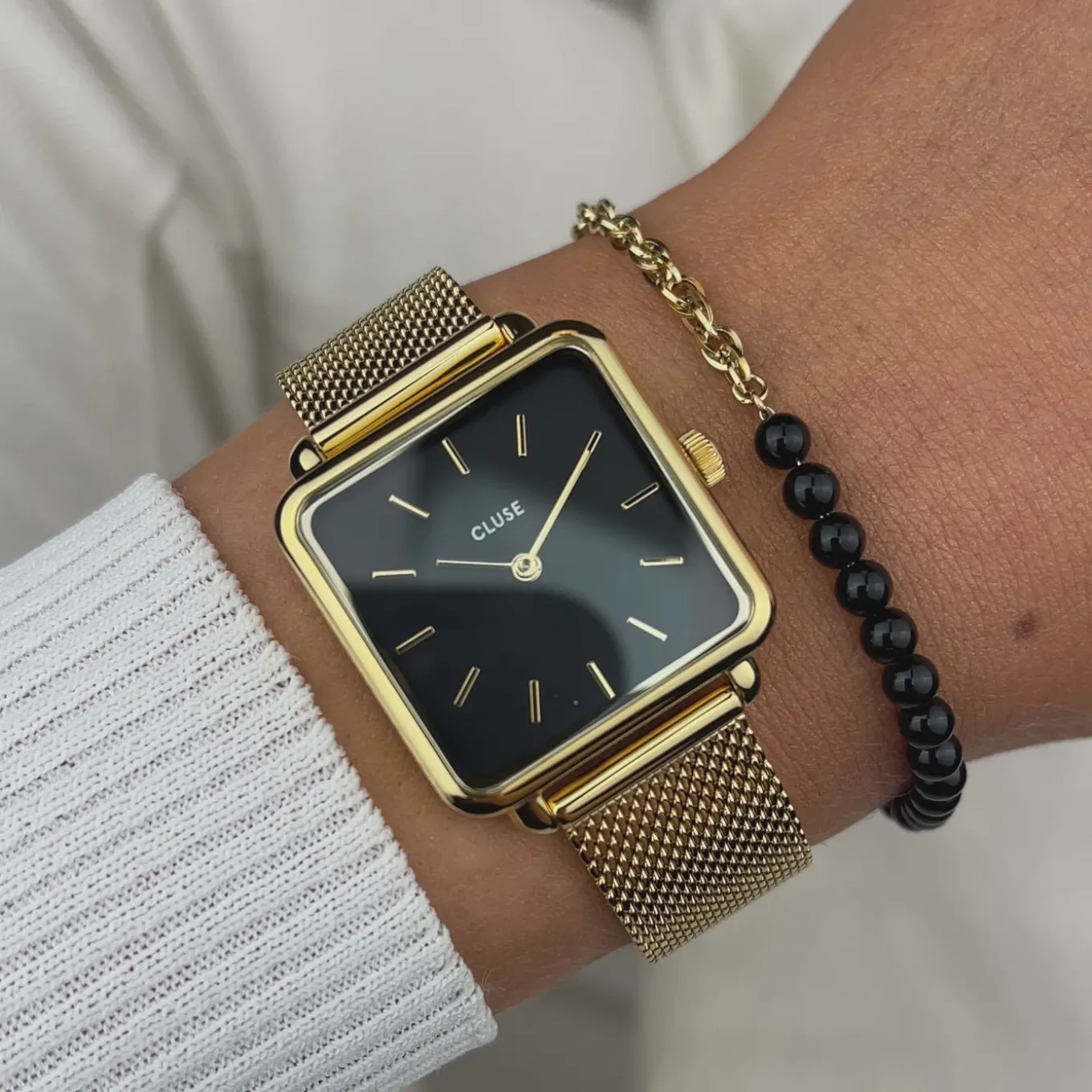 New Gift Box La Tétragone Mesh Watch & Beads Bracelet, Gold Colour Damen La Tétragone