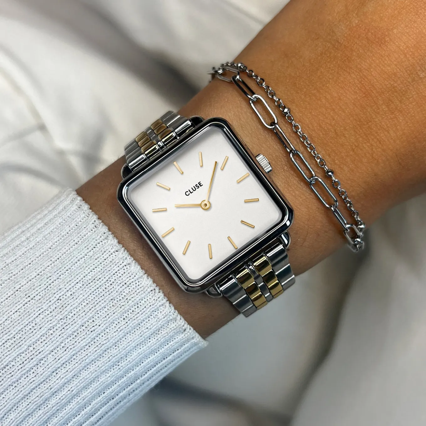 Cheap Gift Box La Tétragone Steel Watch, Bicolour & Double Chain Bracelet, Silver Colour Damen La Tétragone