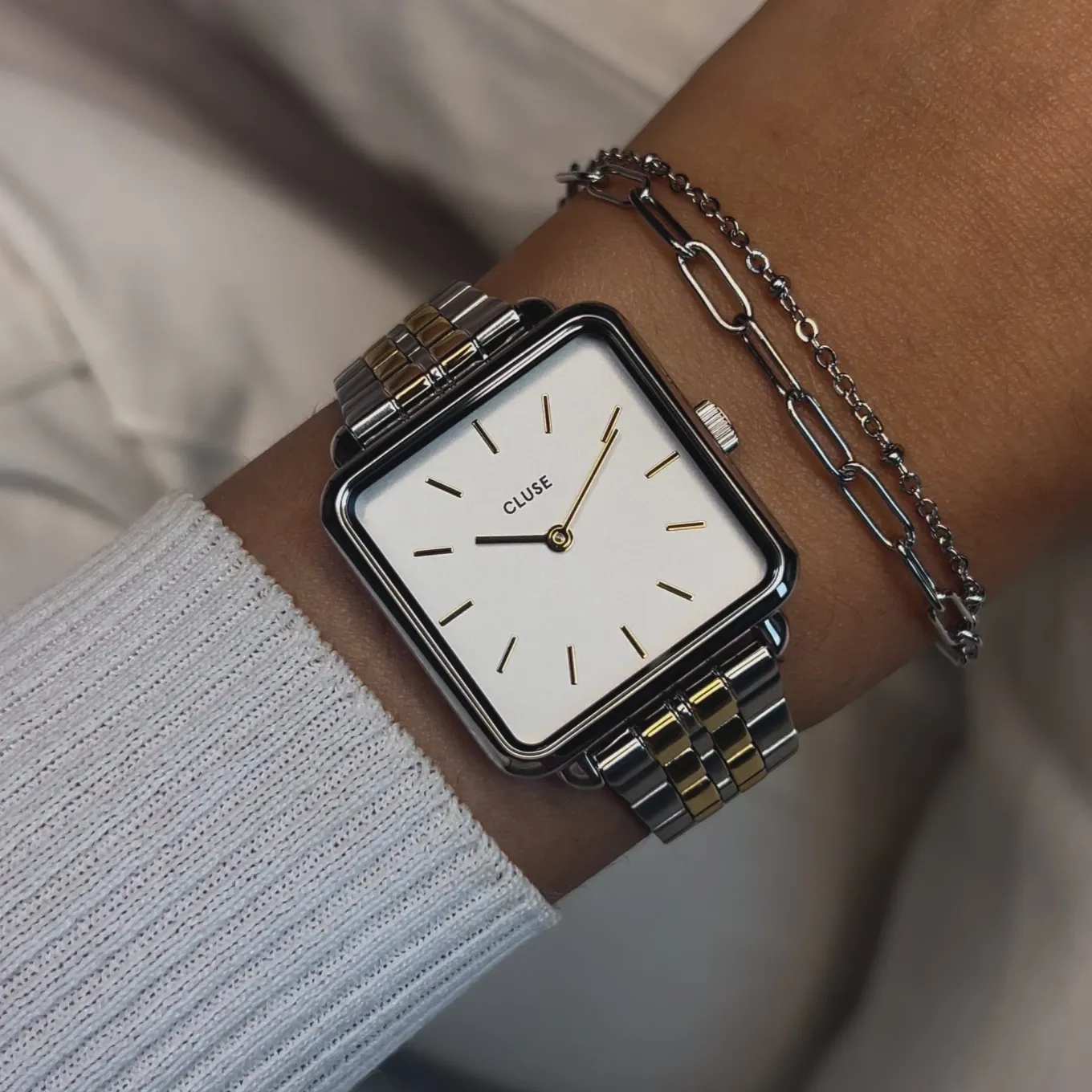 Cheap Gift Box La Tétragone Steel Watch, Bicolour & Double Chain Bracelet, Silver Colour Damen La Tétragone