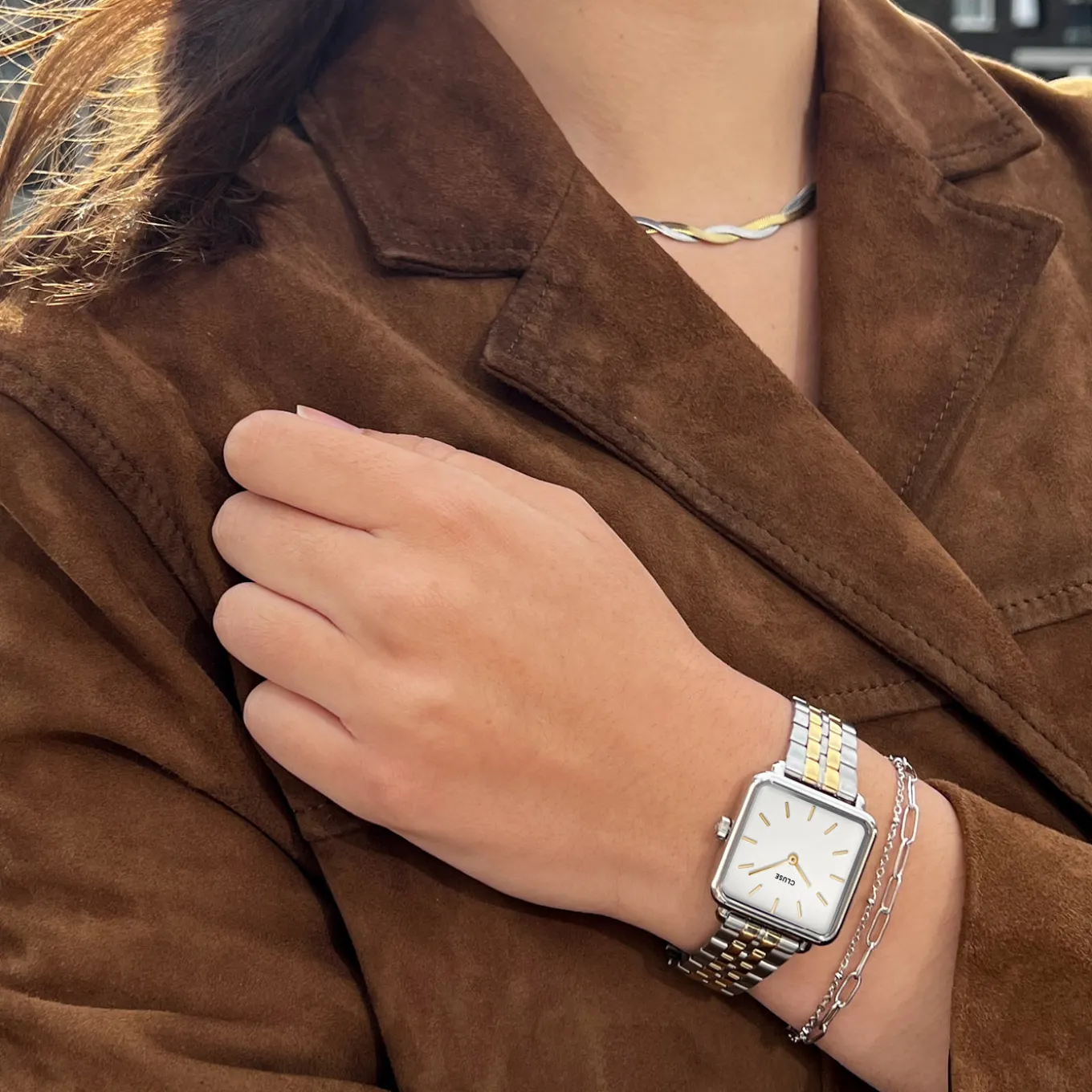 Cheap Gift Box La Tétragone Steel Watch, Bicolour & Double Chain Bracelet, Silver Colour Damen La Tétragone