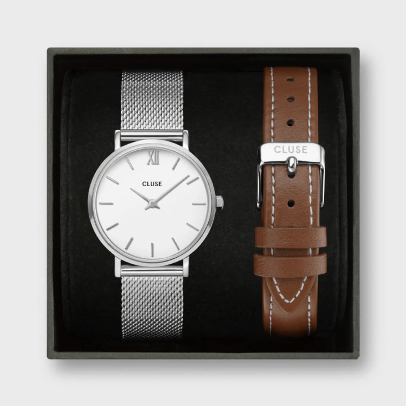 Online Gift Box Minuit Watch & Brown Leather Strap Silver Colour Damen Minuit