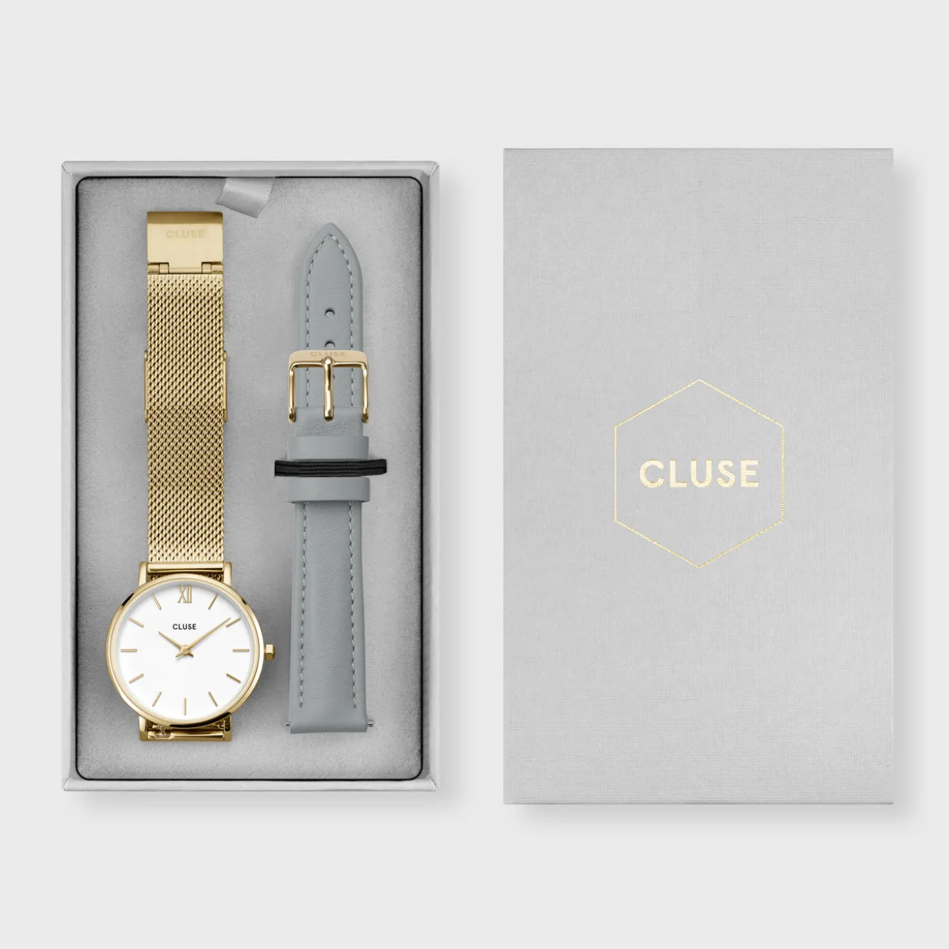 Store Gift Box Minuit Watch Mesh & Grey Leather Strap, Gold Colour Damen Minuit