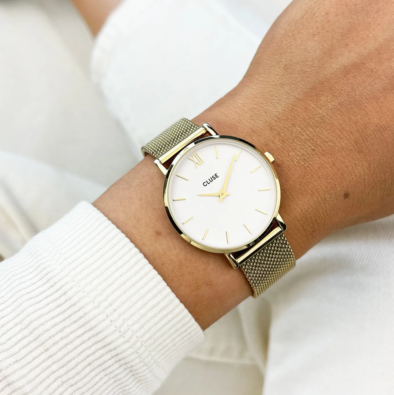 Store Gift Box Minuit Watch Mesh & Grey Leather Strap, Gold Colour Damen Minuit