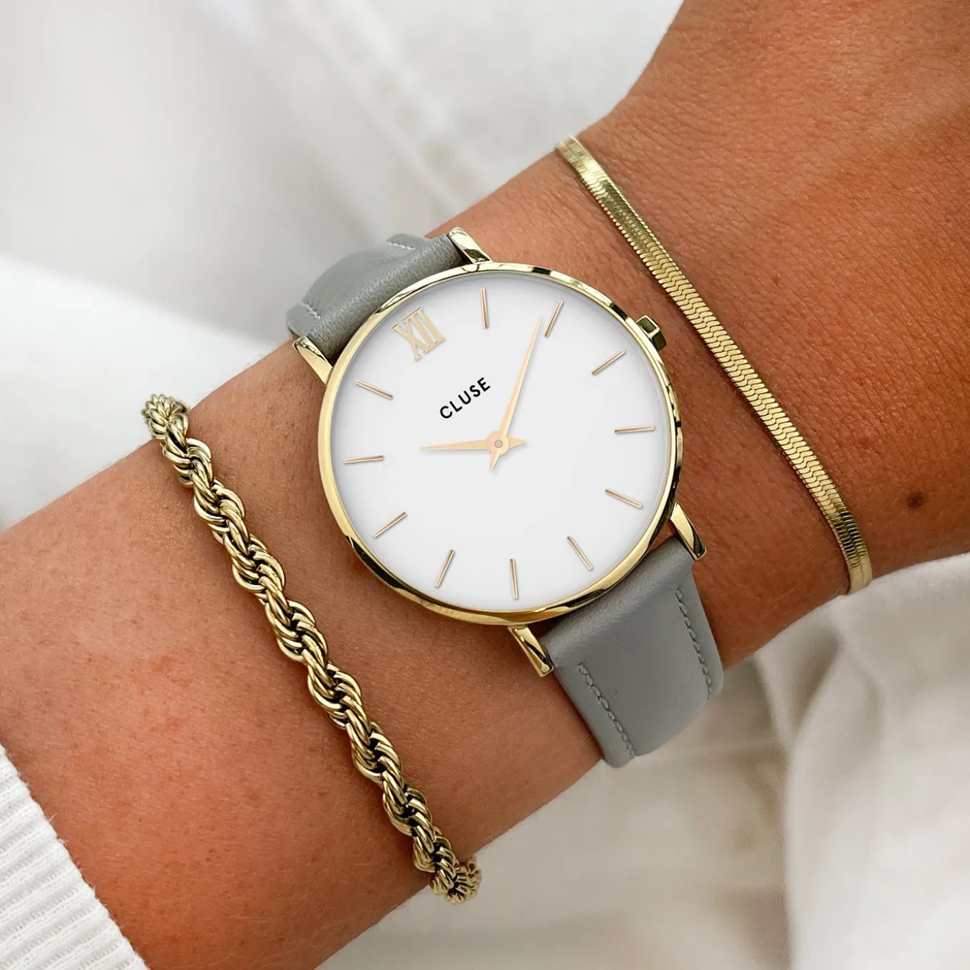 Store Gift Box Minuit Watch Mesh & Grey Leather Strap, Gold Colour Damen Minuit