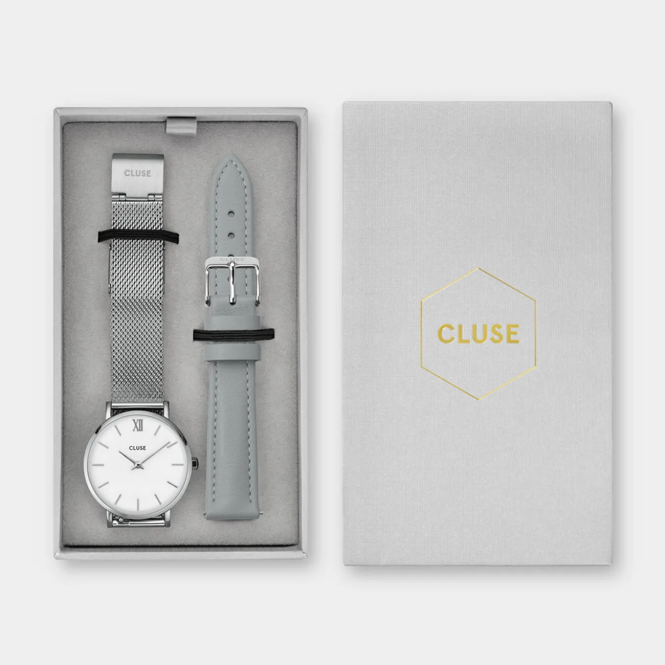 Best Sale Gift Box Minuit Watch Mesh & Grey Leather Strap, Silver Colour Damen Minuit