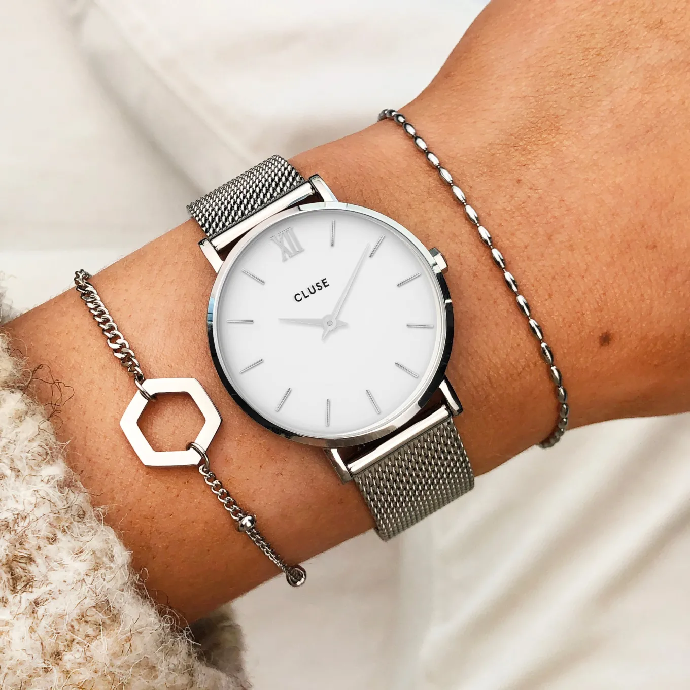 Best Sale Gift Box Minuit Watch Mesh & Grey Leather Strap, Silver Colour Damen Minuit