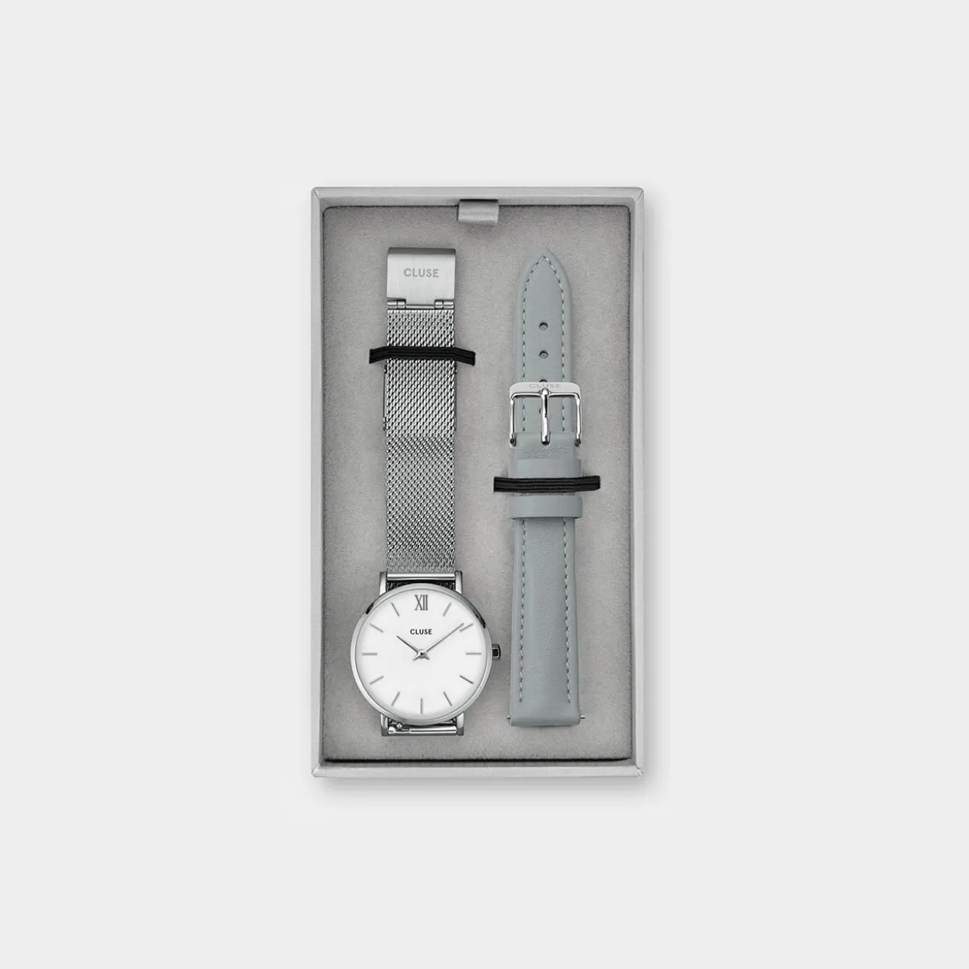 Best Sale Gift Box Minuit Watch Mesh & Grey Leather Strap, Silver Colour Damen Minuit
