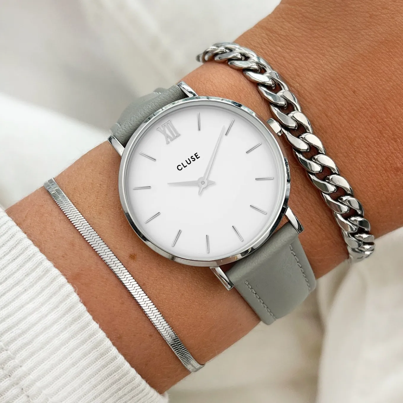 Best Sale Gift Box Minuit Watch Mesh & Grey Leather Strap, Silver Colour Damen Minuit