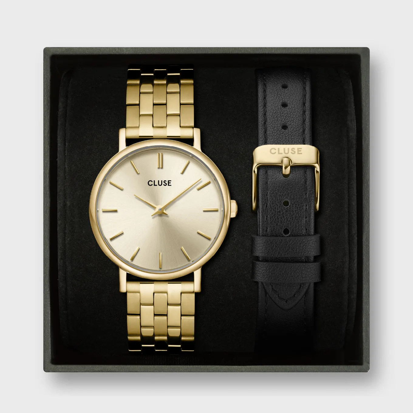 Cheap Gift Box Pavane Petite 2.0 Steel Watch Gold & Black Leather Strap, Gold Colour Damen Pavane Petite