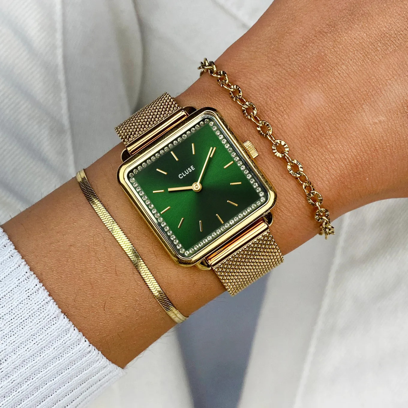 Clearance La Tétragone Watch Mesh stones Green, Gold Colour Damen Uhren Gold | La Tétragone