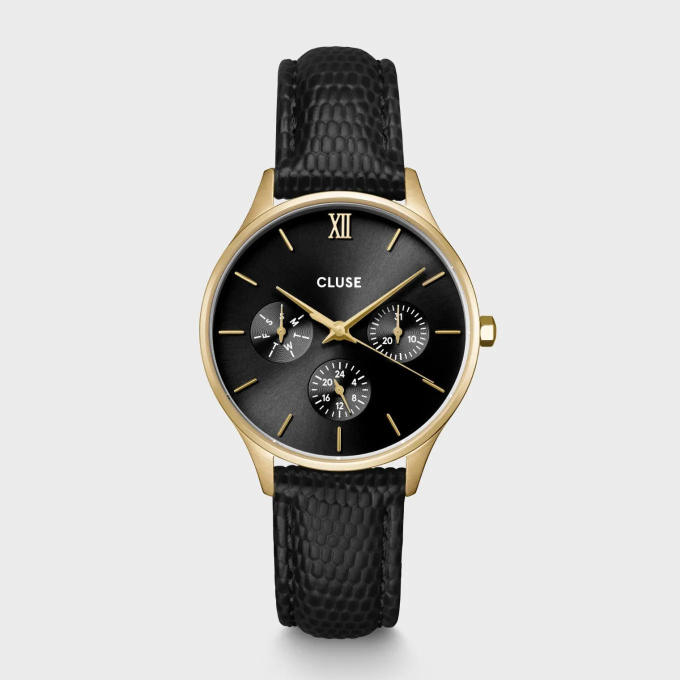 Store Minuit Multifunction Black Watch Leather, Black Lizard, Gold Colour Damen Uhren Schwarz | Minuit Multifunction