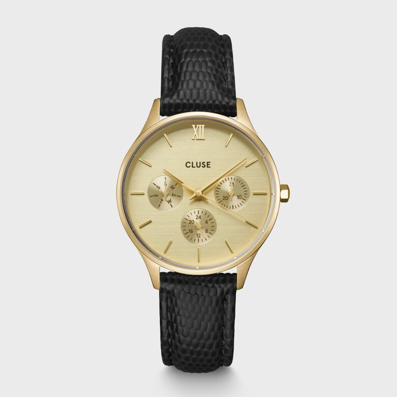 Flash Sale Minuit Multifunction Watch Leather, Black Lizard, Gold Colour Damen Uhren Gold | Minuit Multifunction