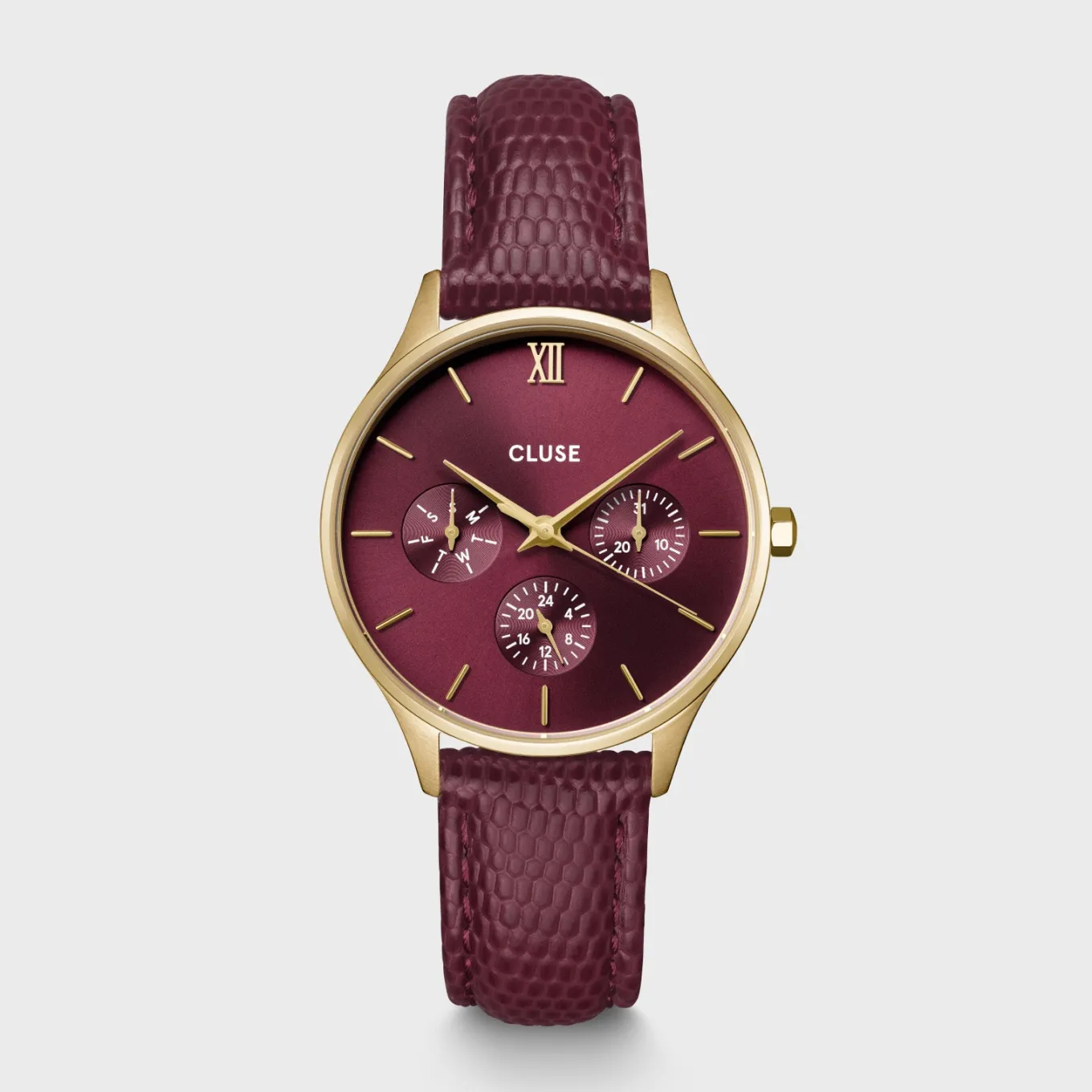 Discount Minuit Multifunction Watch Leather, Dark Cherry Lizard, Gold Colour Damen Uhren Gold | Minuit Multifunction